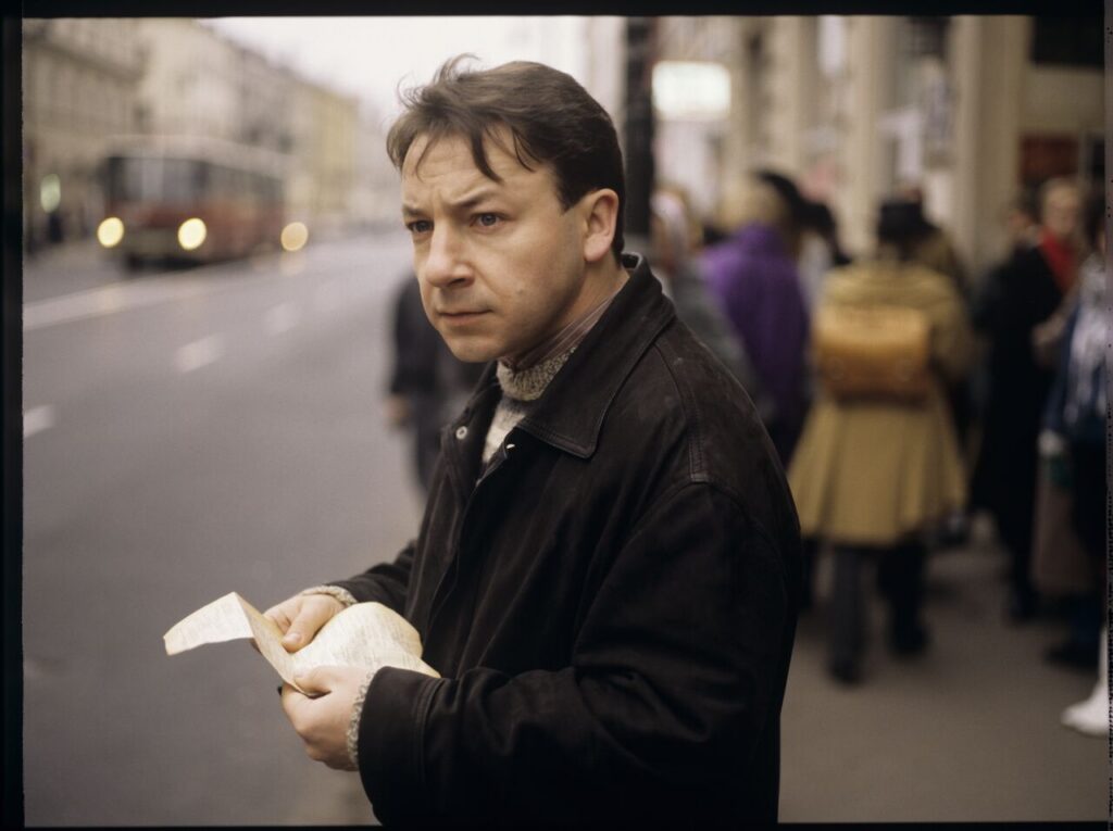 Karol (Zbigniew Zamachowski) on a Warsaw street.