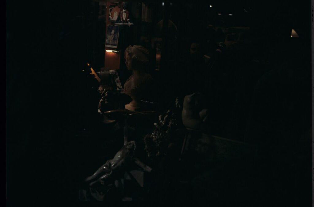 A view of the window of an antique shop, where Karol's attention was caught by the sight of an alabaster bust of a woman.