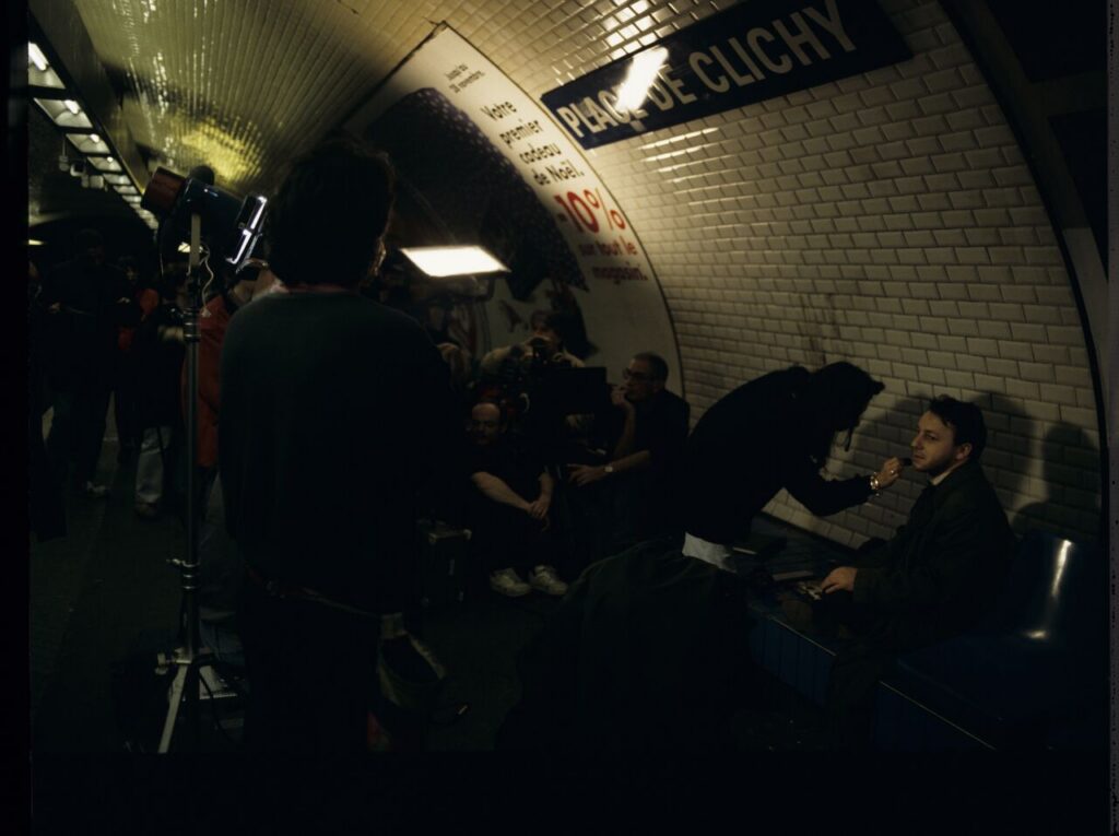 The crew on set in the Paris metro.