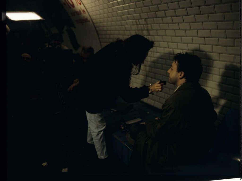 Zbigniew Zamachowski (playing the role of Karol) during makeup on the set in the Paris metro.