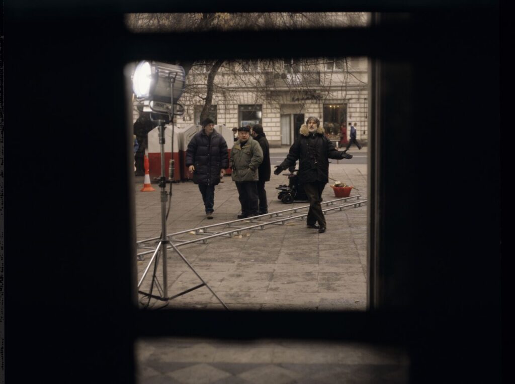Kieślowski (director), Latek (director's assistant), Kłosiński (cinematographer), Zamachowski (actor) on the set.