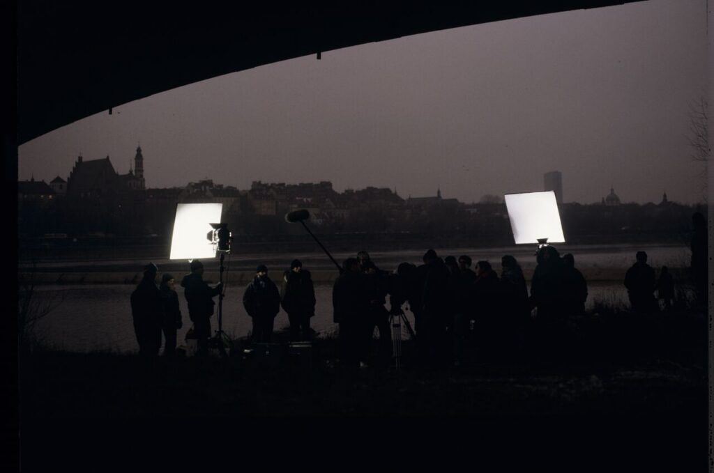 The crew on the set on the banks of the Vistula River.