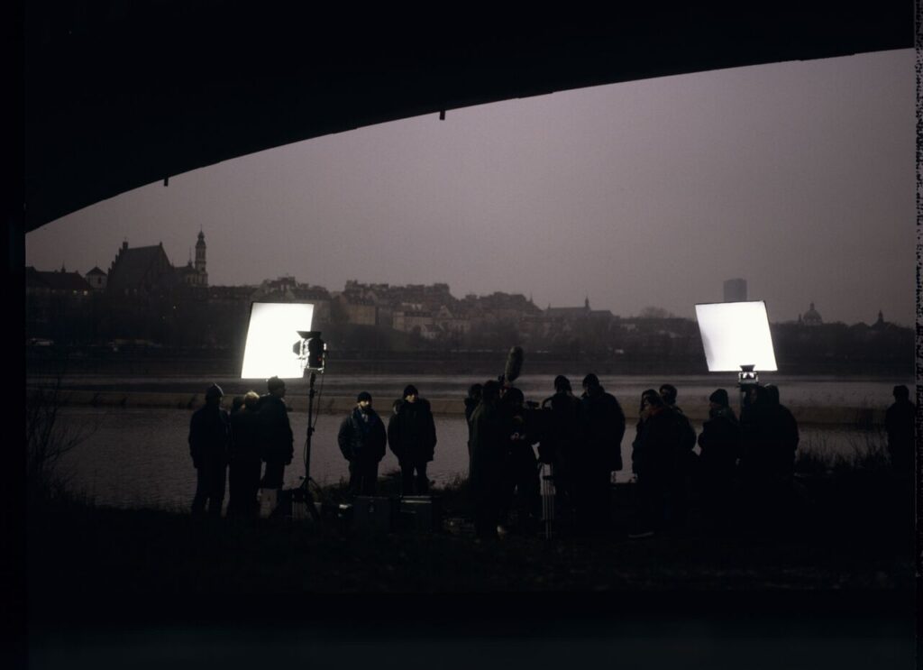 The crew on the set on the banks of the Vistula River.