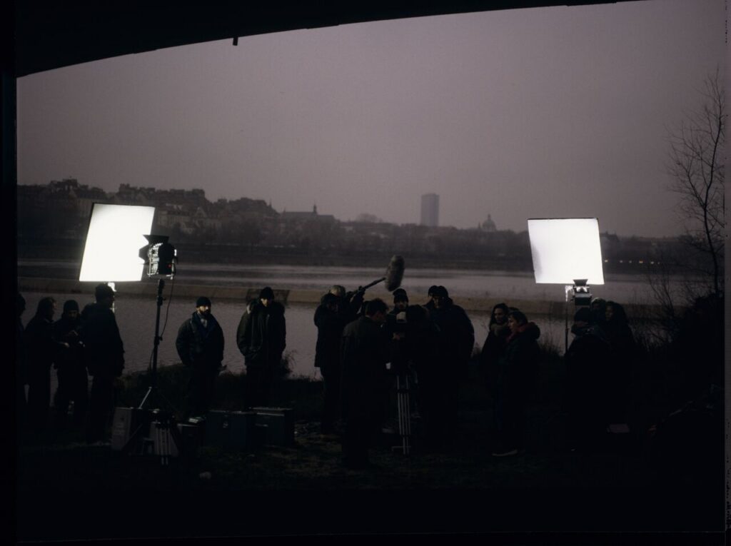 The crew on the set on the banks of the Vistula River.