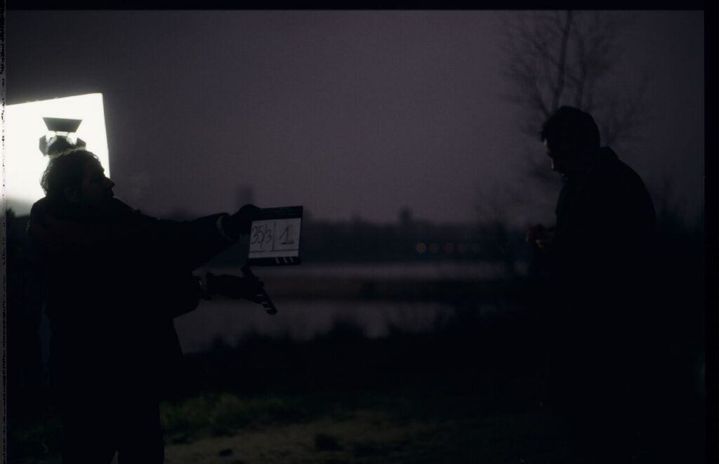A clapperboard starting the filming of a scene on the banks of the Vistula River.