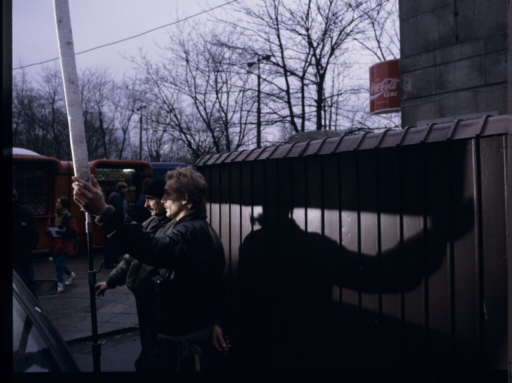 Preparations for filming the scene in front of the office.