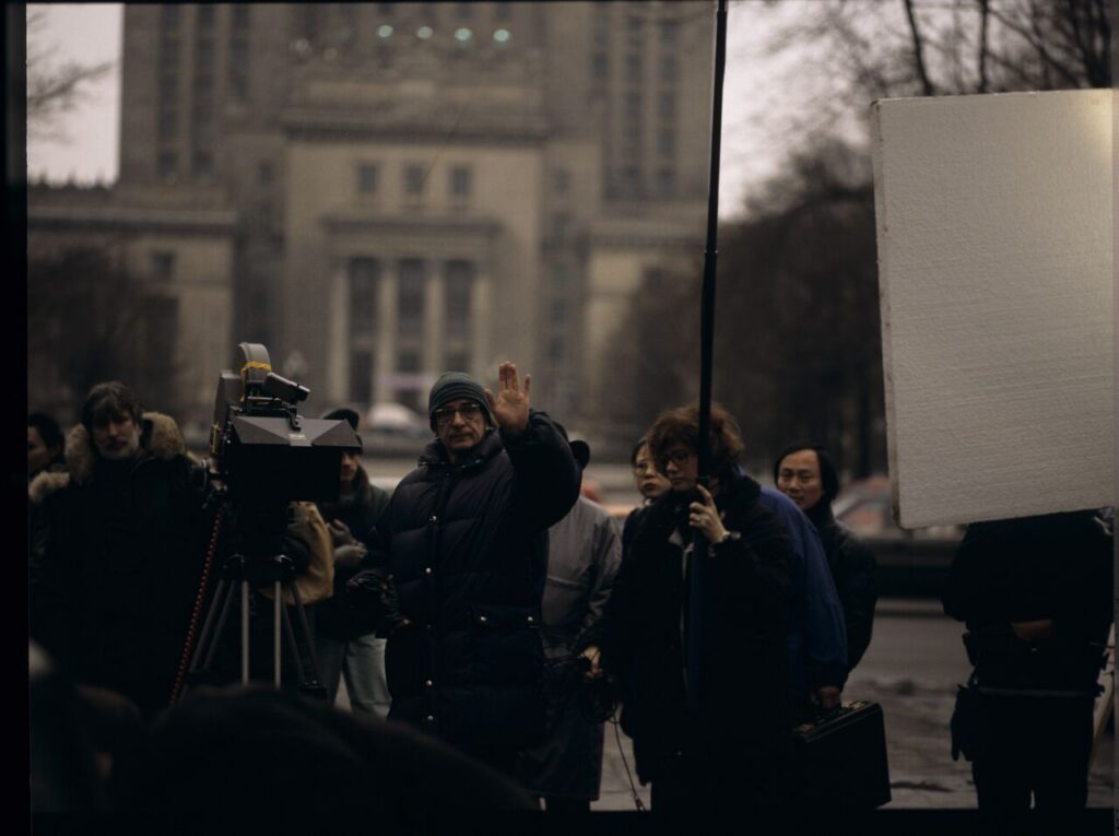 The crew at work filming a scene in central Warsaw.