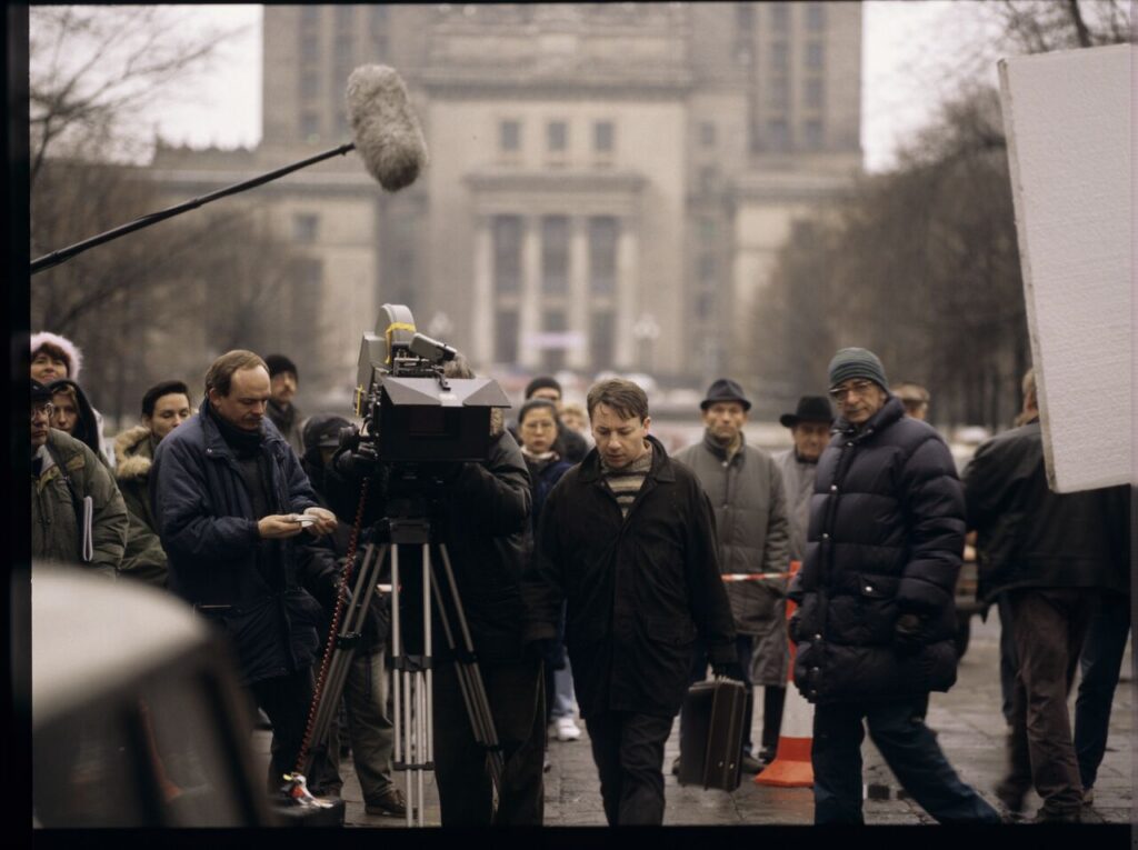 The crew at work filming a scene in central Warsaw.