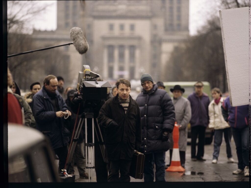 The crew at work filming a scene in central Warsaw.