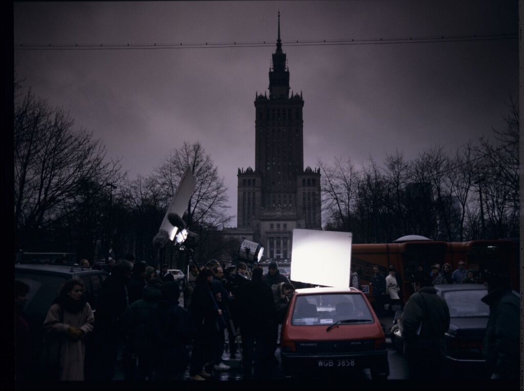 The crew at work filming a scene in central Warsaw.