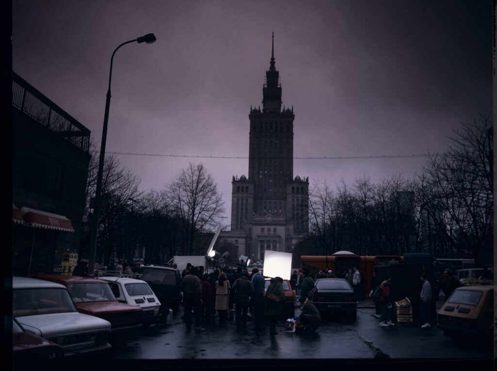 The crew at work filming a scene in central Warsaw.