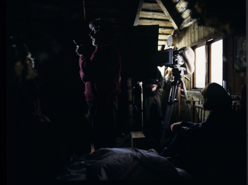 A break between takes on the set at the home of the farmer from whom Karol bought the land.