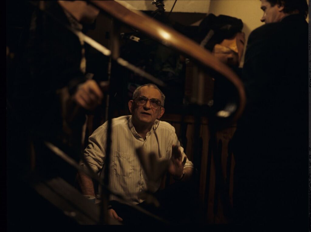 The crew on the set. Director Krzysztof Kieślowski is in the center shot.