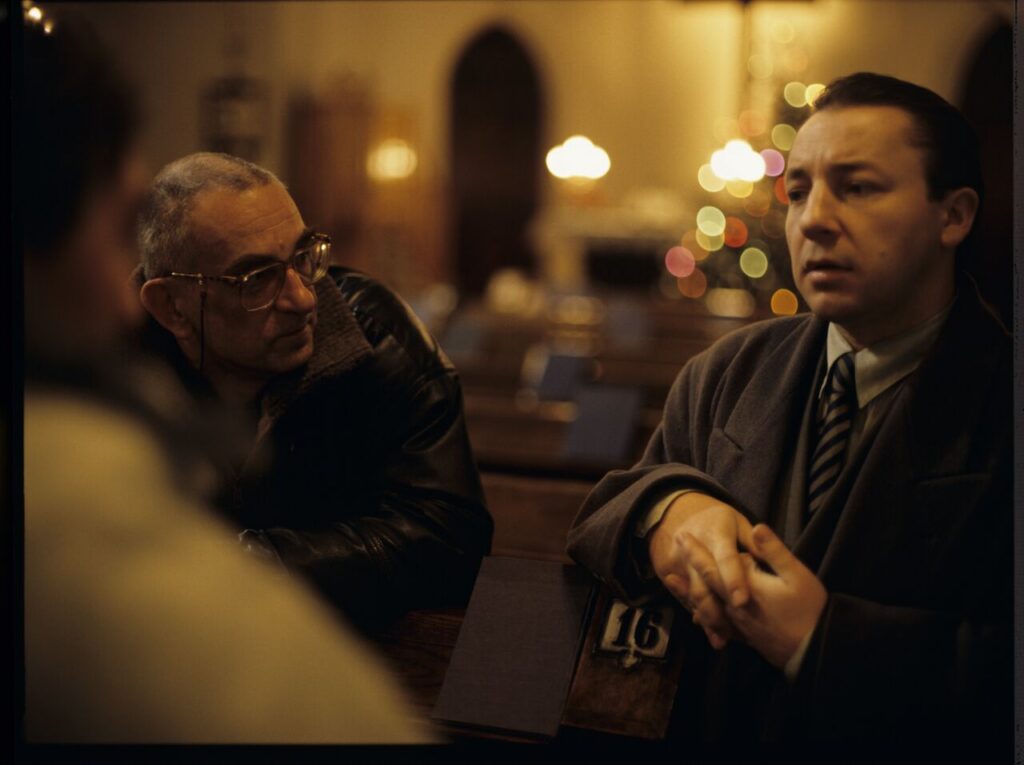 Krzysztof Kieślowski (director) and Zbigniew Zamachowski (actor, playing Karol) while working on the set.