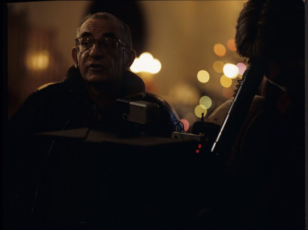 Krzysztof Kieślowski (director) and Edward Kłosiński (cinematographer) working on the set.