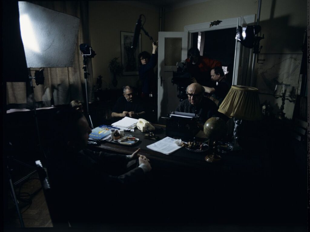 Filming a scene in the notary's office.