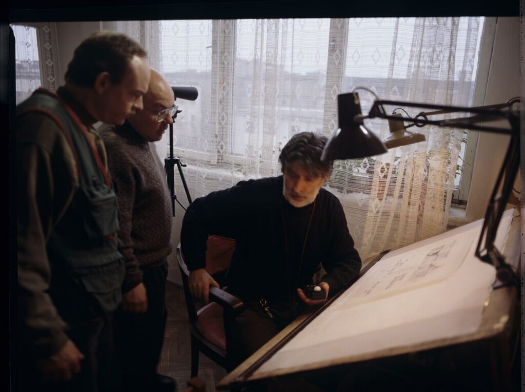 The crew preparing for work on the set.