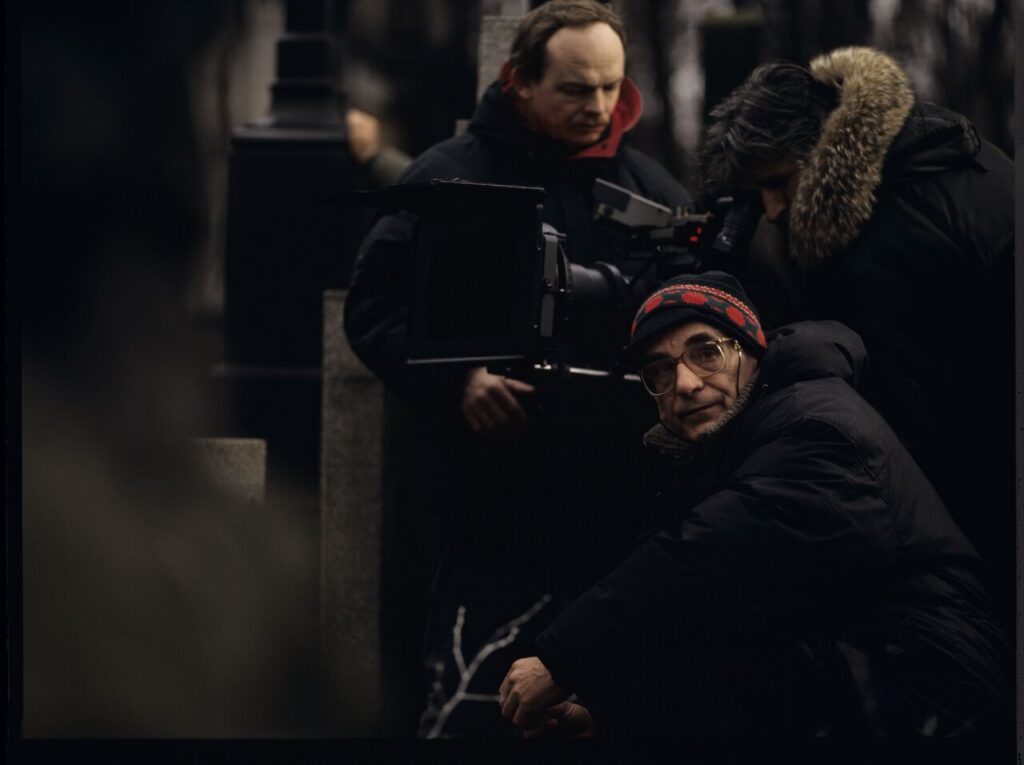 Krzysztof Kieślowski, Henryk Jedynak, and Edward Kłosiński working on the set. The cemetery scene.