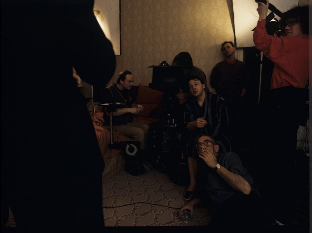 Zbigniew Zamachowski, Julie Delpy, and Krzysztof Kieślowski on set.