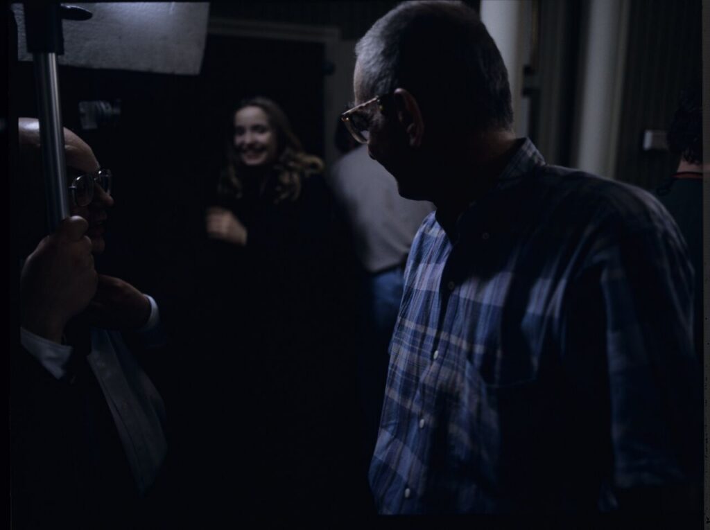 K. Kieślowski (director), J. Delpy (playing Dominique) and S. Latek (assistant director) during a break between takes.