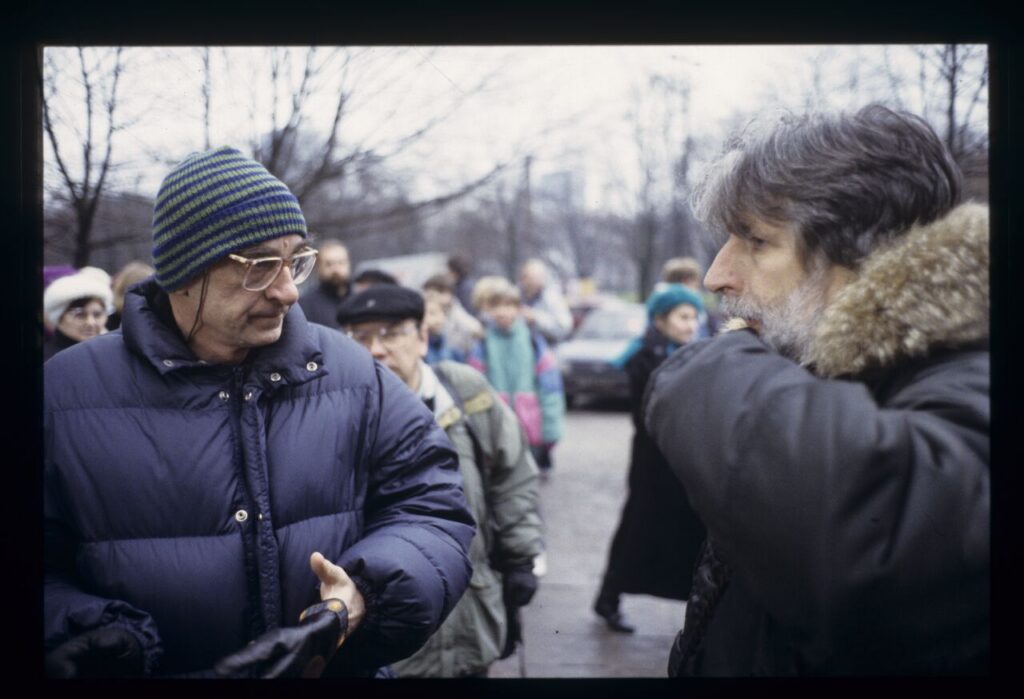 Krzysztof Kieślowski (director) and Edward Kłosiński (cinematographer) on the set.