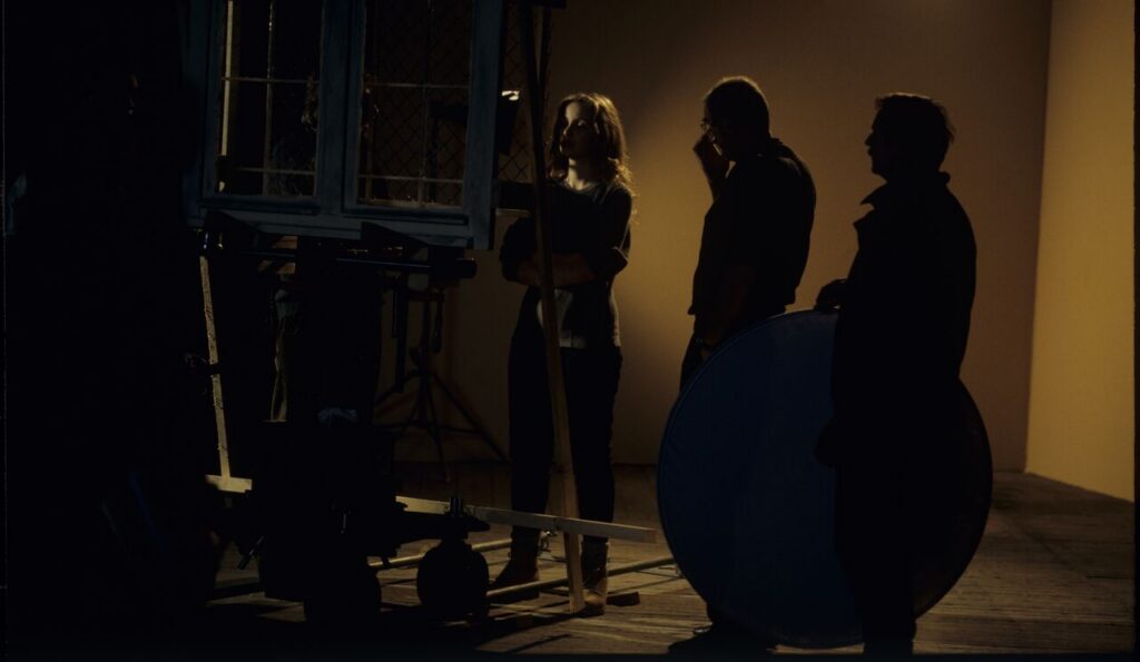 A set in a film studio, where a mock prison window was built.