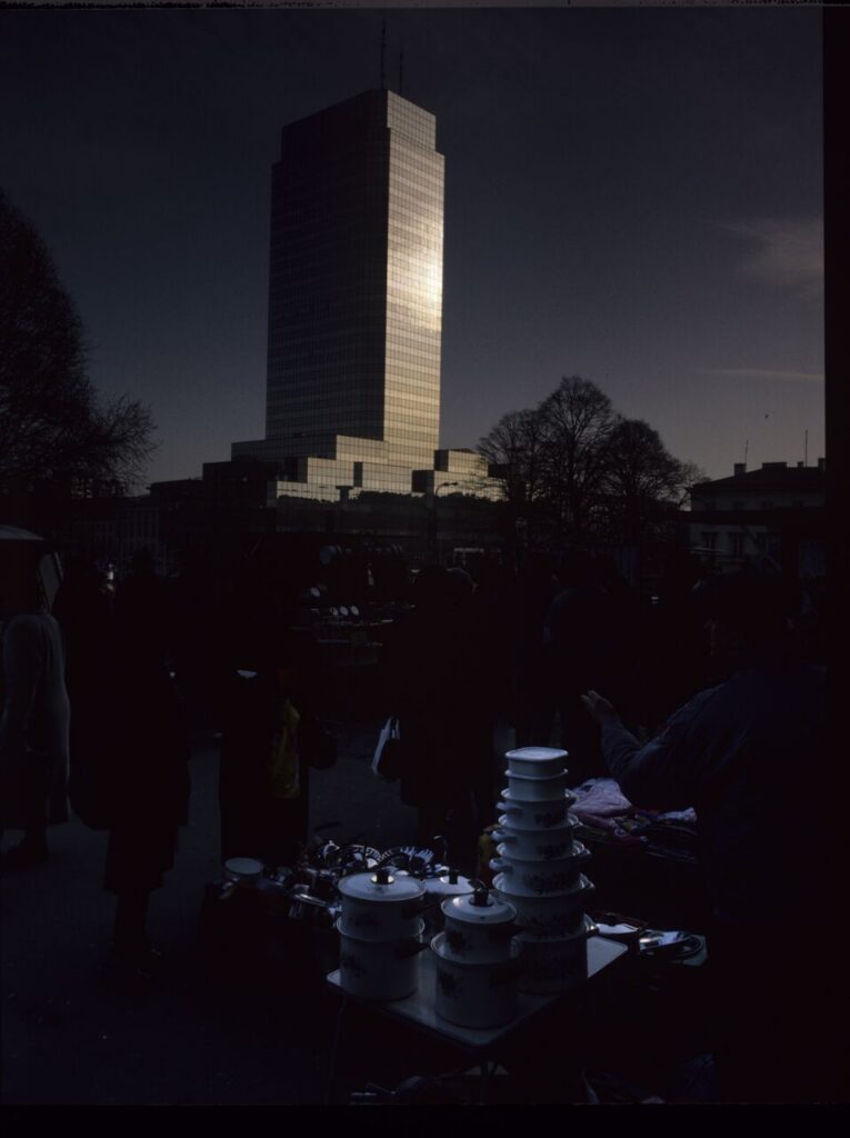 The bazaar in front of the Palace of Culture and Science in Warsaw, the meeting place of the film's characters.