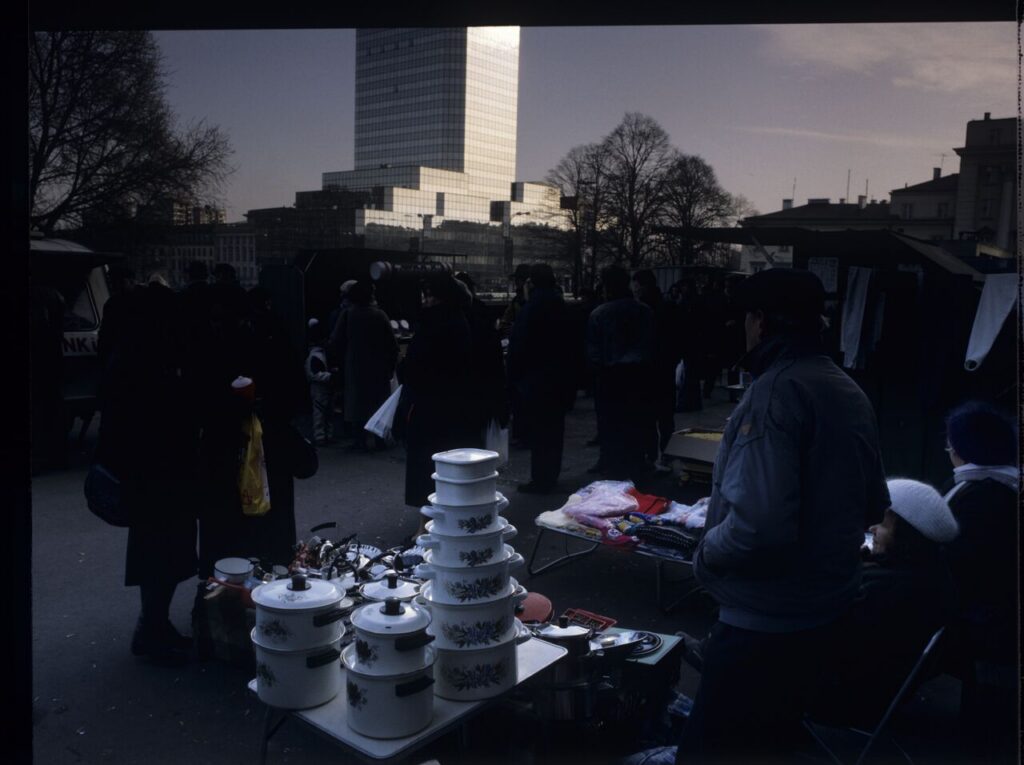 The bazaar in front of the Palace of Culture and Science in Warsaw, the meeting place of the film's characters.