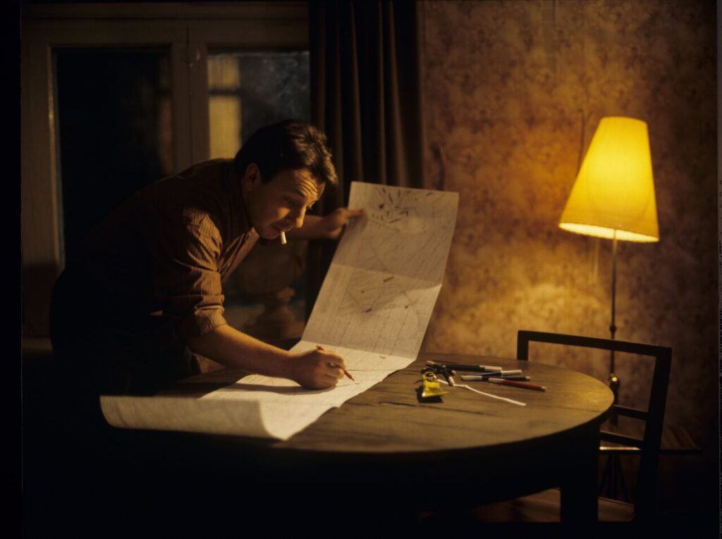 Karol (Zbigniew Zamachowski) reviews the plans for the land he purchased.