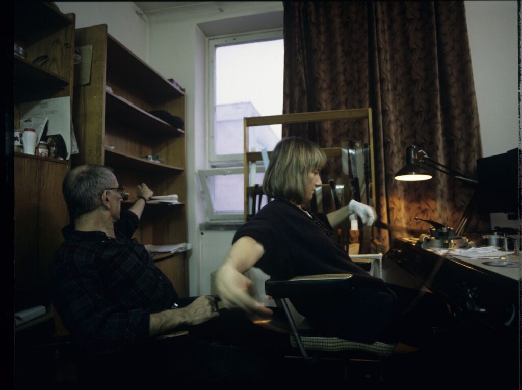 Krzysztof Kieślowski (director) working with editor Urszula Lesiak.