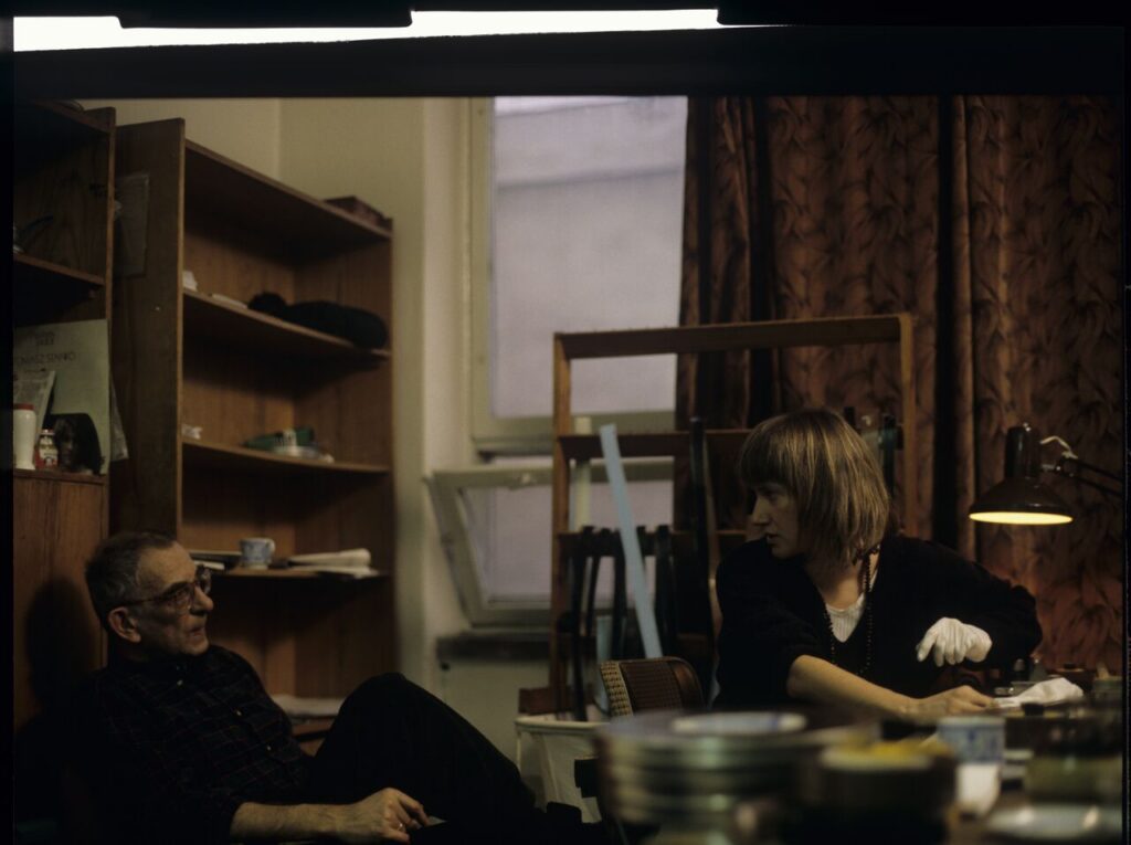 Krzysztof Kieślowski (director) working with editor Urszula Lesiak.