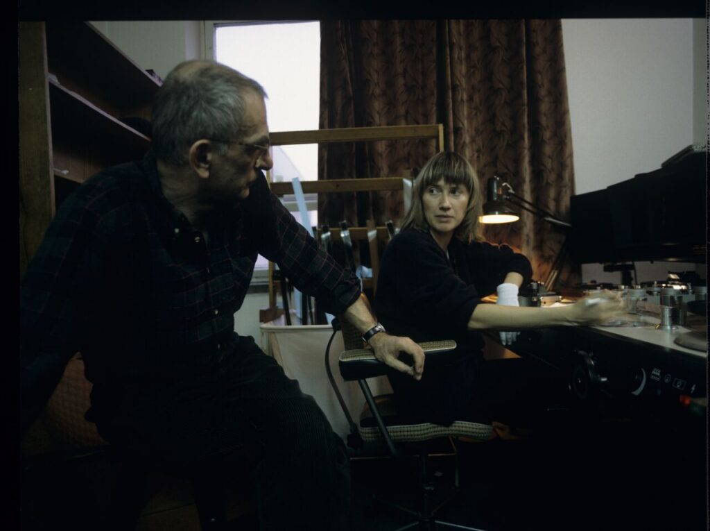 Krzysztof Kieślowski (director) working with editor Urszula Lesiak.