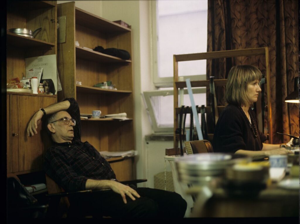Krzysztof Kieślowski (director) working with editor Urszula Lesiak.