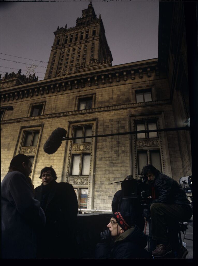 Filming of the scene depicting the meeting between Karol and Mikołaj outside the Palace of Culture and Science in Warsaw.