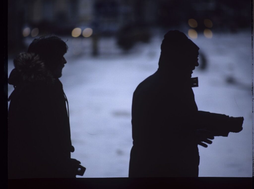 Krzysztof Kieślowski (director) and Edward Kłosiński (cinematographer) working on the set.