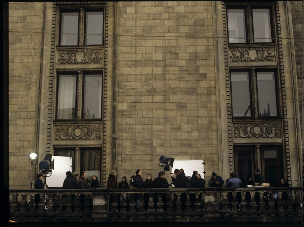 The crew on set at the Palace of Culture and Science in Warsaw.