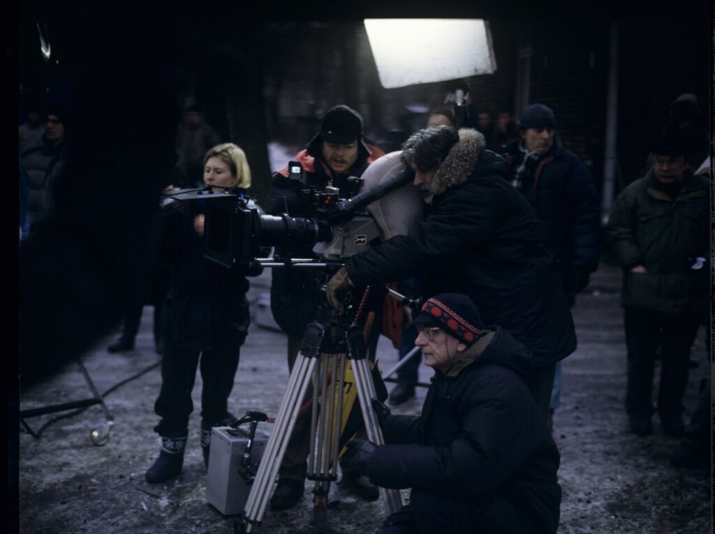 Filming a scene on a Warsaw street.
