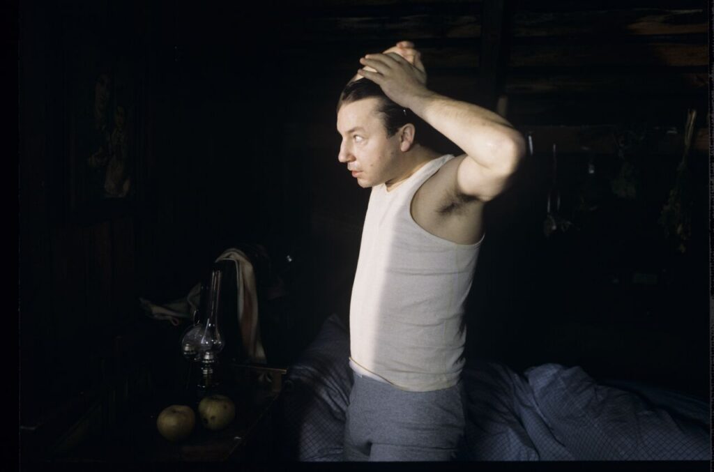 Karol (Zbigniew Zamachowski) wakes up in the farmer's house the day after a successful land purchase transaction.