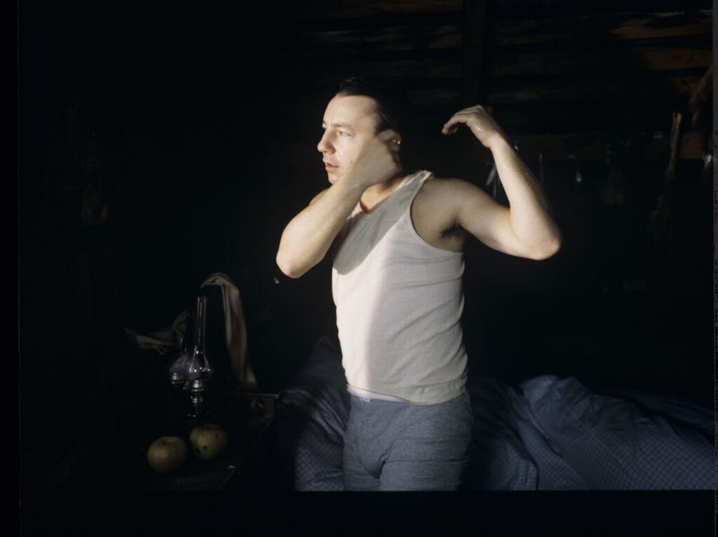 Karol (Zbigniew Zamachowski) wakes up in the farmer's house the day after a successful land purchase transaction.