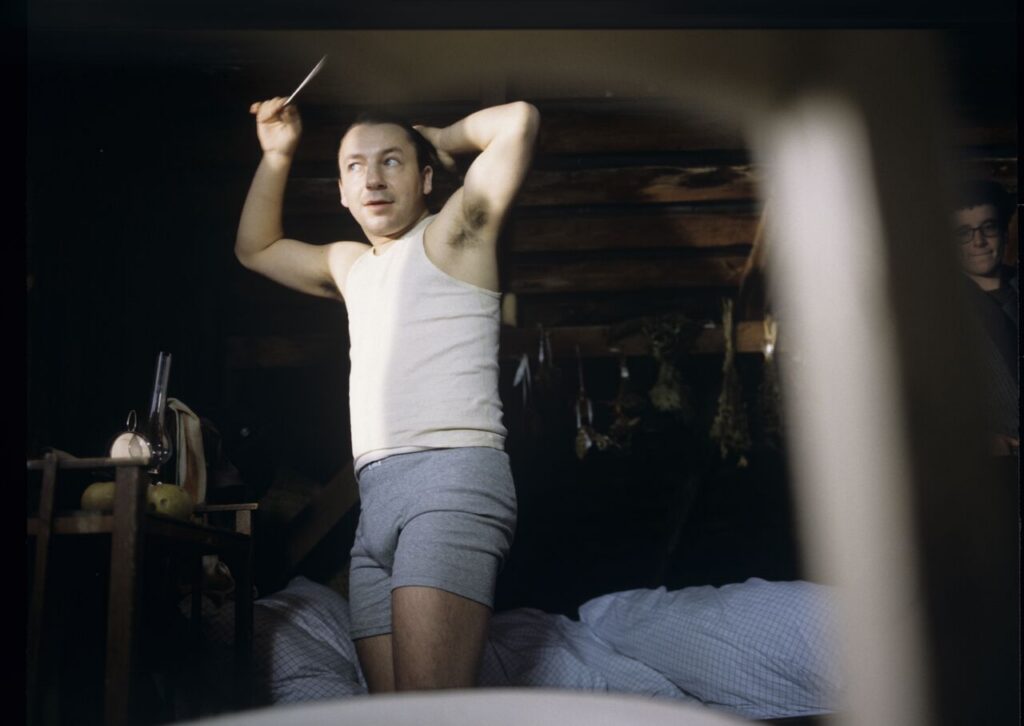 Karol (Zbigniew Zamachowski) wakes up in the farmer's house the day after a successful land purchase transaction.