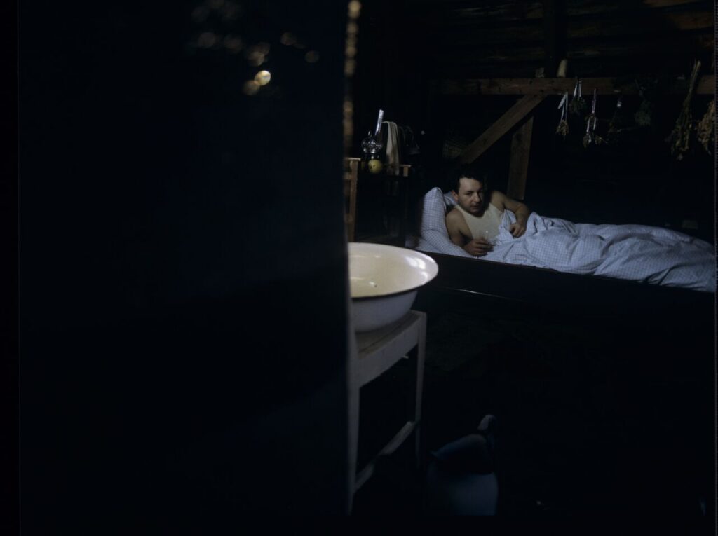 Karol (Zbigniew Zamachowski) wakes up in the farmer's house the day after a successful land purchase transaction.