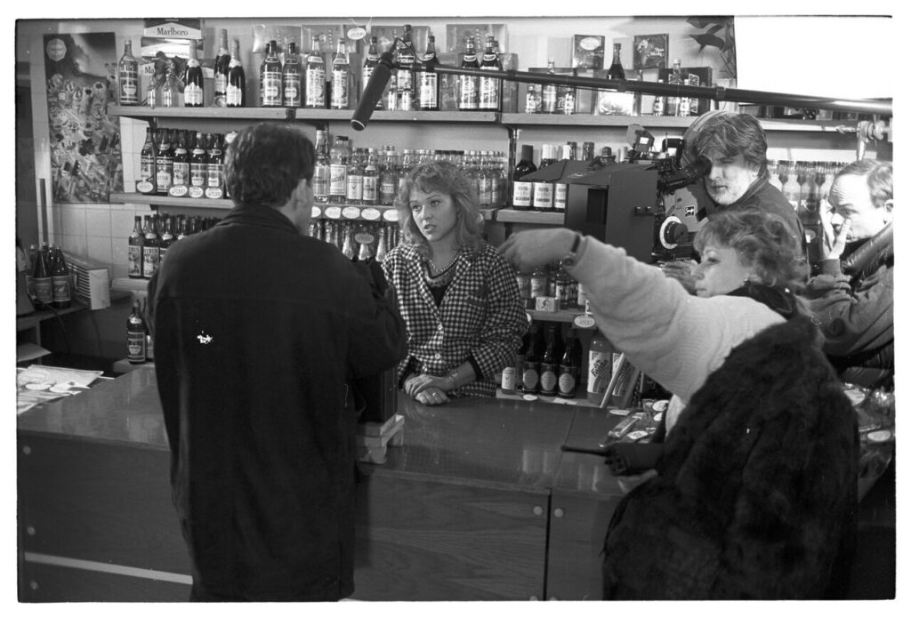 Shooting a scene at a liquor store.