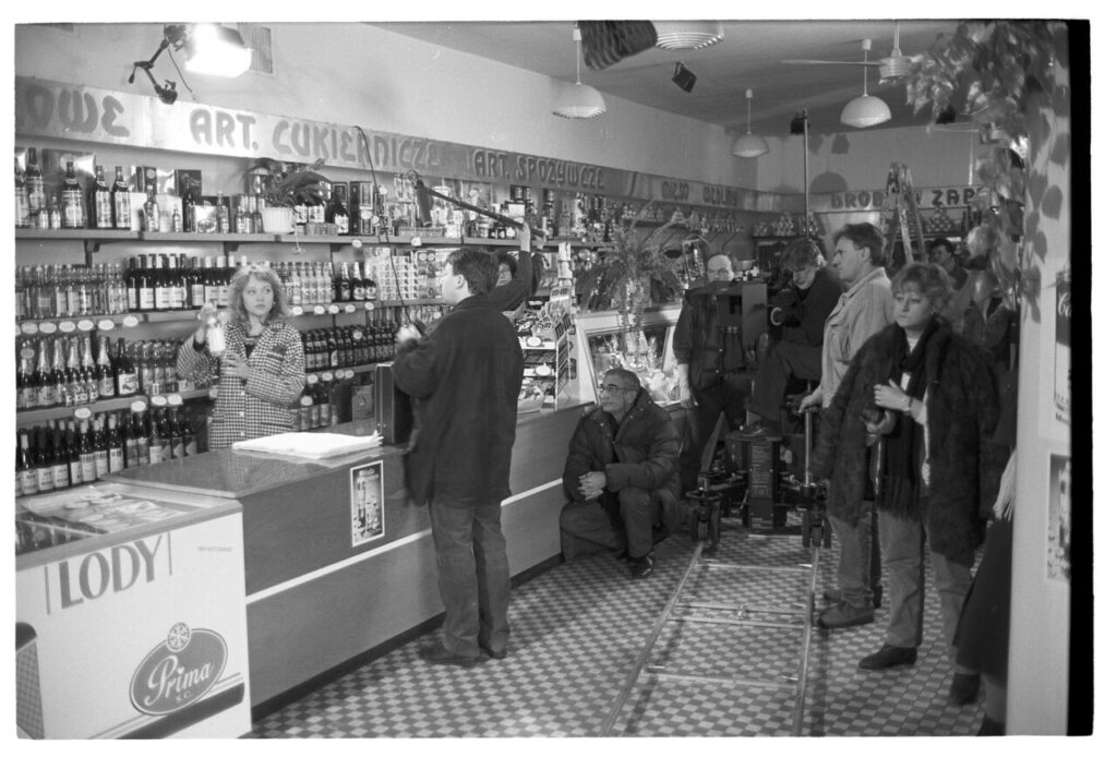 Shooting a scene at a liquor store.