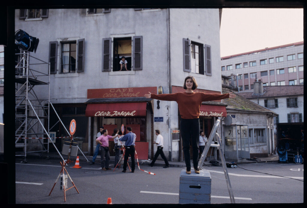 Irène Jacob (actress) during rehearsals for a photo shoot on a Geneva street.
