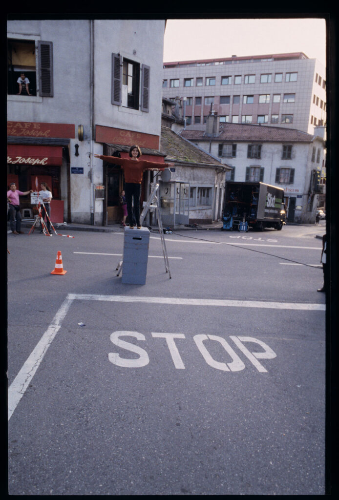 Irène Jacob (actress) during rehearsals for a photo shoot on a Geneva street.