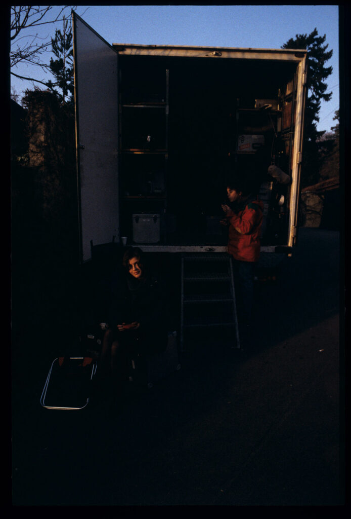 Irène Jacob waits on set for the next take.