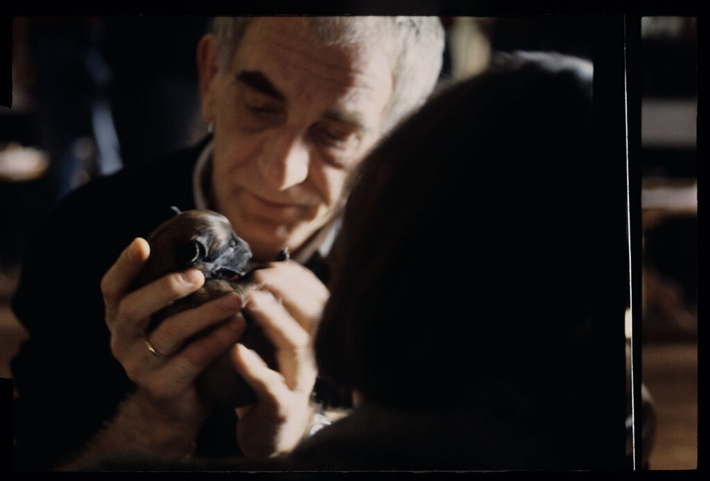 Krzysztof Kieślowski (reżyser) ze szczeniakiem urodzonym przez sukę Ritę, na planie zdjęciowym w mieszkaniu sędziego.