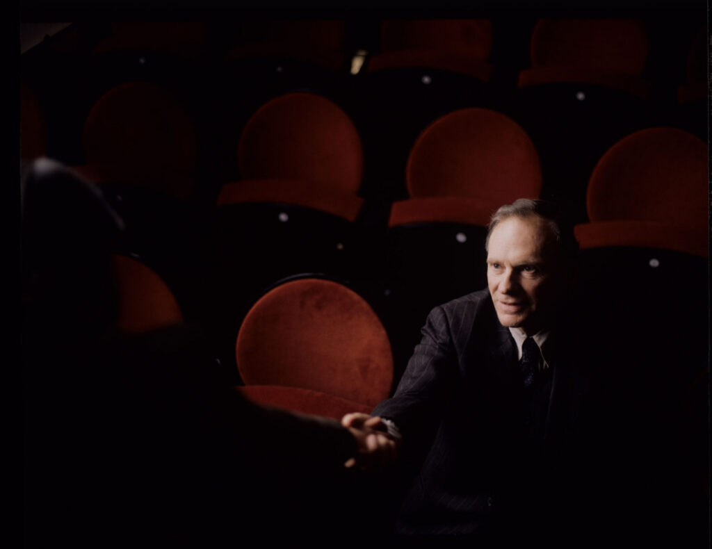 The main characters: judge Kern (Trintignant) and Valentine (Jacob) in the theater after Valentine's fashion show.
