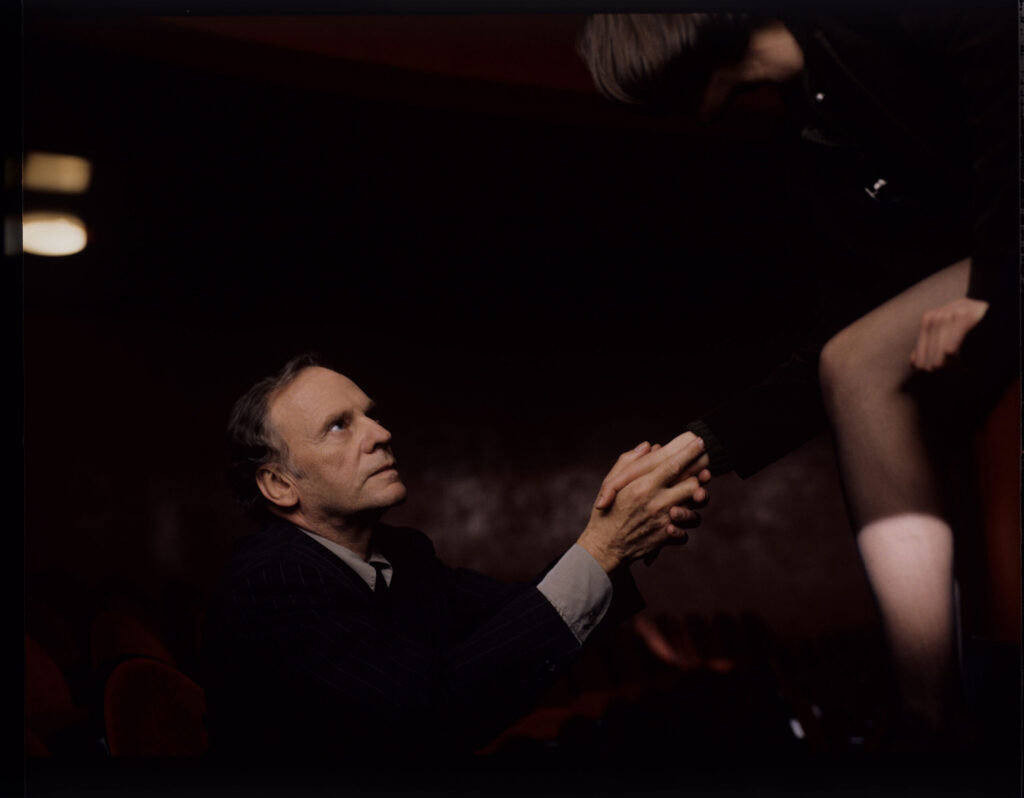 The main characters: judge Kern (Trintignant) and Valentine (Jacob) in the theater after Valentine's fashion show.