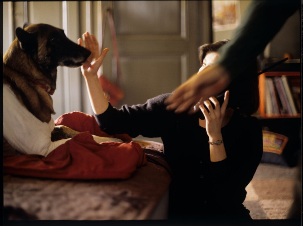 Valentine (Irène Jacob), with her dog, is in her apartment talking on the phone to her fiancé Michel, who is in London.